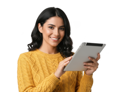 Smiling young woman wearing a yellow knitted sweater holding a digital tablet device in her hands isolated on transparent background