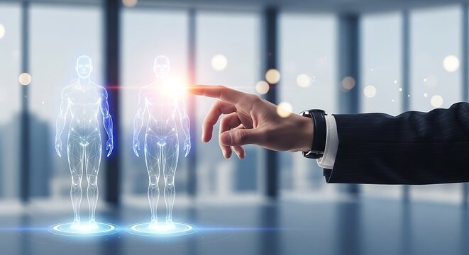 Hand touching glowing digital human body outline in futuristic office technology
