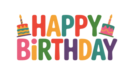Colorful 'Happy Birthday' text with two festive cakes and lit candles, perfect for celebrations and greeting cards. background removed