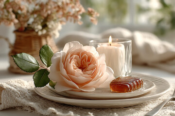 Close up of a rose with a candle and candy on a plate in a soft and romantic setting indoors