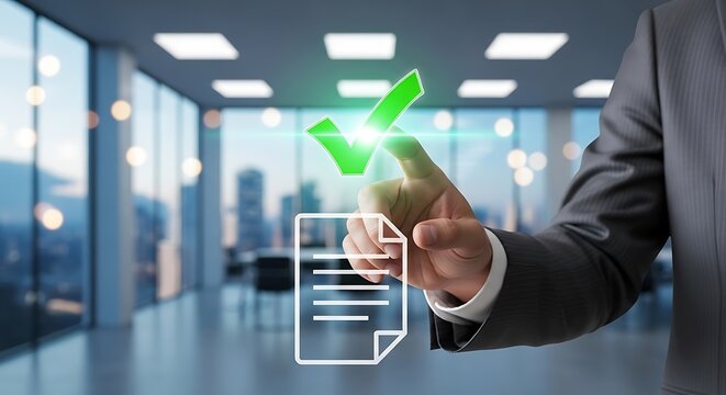 Hand touching green checkmark over document icon in modern office check mark approval - Powered by Adobe