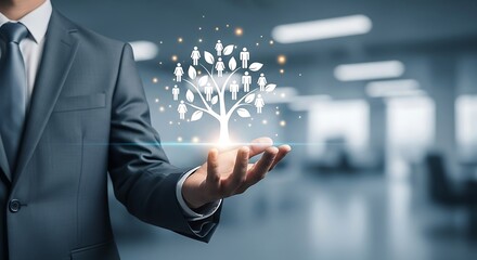 Man in suit holding glowing tree of people icons with abstract office background business