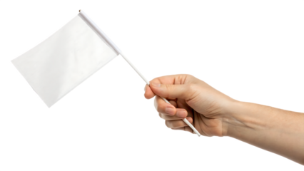 Hand holding a small blank white flag for mockup cut out on PNG. AI GENERATED.