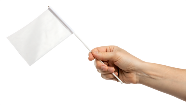 Hand holding a small blank white flag for mockup cut out on PNG. AI GENERATED.