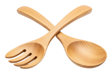 Pair of wooden kitchen utensils including a slotted spoon and a serving fork crossed on a plain white background, natural light, minimalistic style