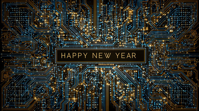 HAPPY NEW YEAR Text on Microprocessor Circuit Board with Gold Lining Design