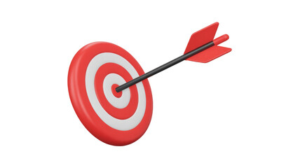 A 3D rendering of a red and white target with a black arrow accurately hitting the bullseye, symbolizing success and precision. background removed