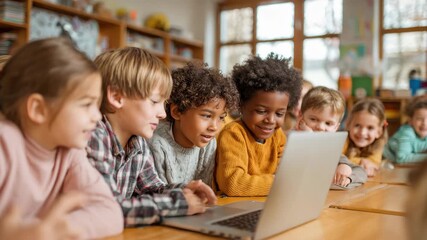 Multiethnic group of school kids engaged in computer learning in a bright classroom during a sunny day - Powered by Adobe