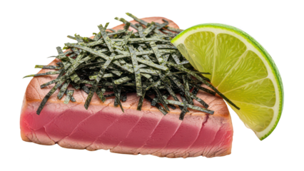 Fresh raw tuna steak topped with shredded seaweed and a bright lime wedge on a white background, showcasing seafood, healthy eating, and culinary
