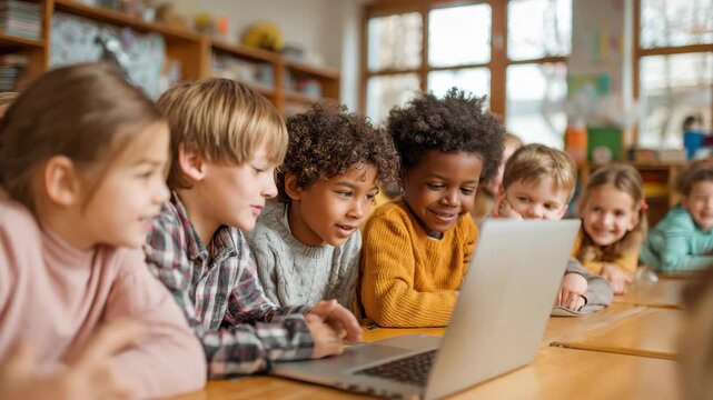 Multiethnic group of school kids engaged in computer learning in a bright classroom during a sunny day