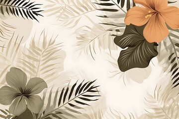 Tropical floral pattern with palm leaves and hibiscus flowers in muted colors