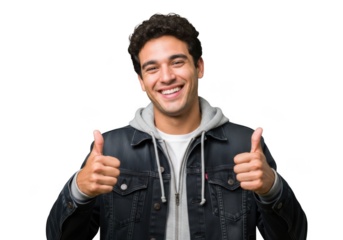 A joyful young man with dark curly hair and a wide smile gives two thumbs up wearing a denim jacket and hoodie isolated on transparent background