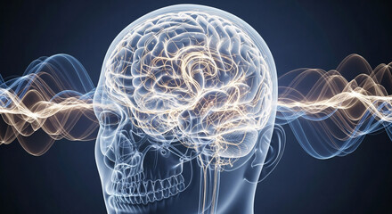 Conceptual transparent brain illustration with energy waves and cognitive processing