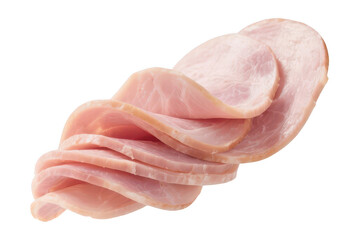 Close-up of thinly sliced lean cooked ham arranged in a gentle overlapping pattern on a white background for appetizing presentation and culinary use