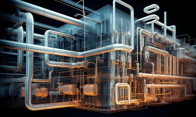 Abstract futuristic industrial factory with glowing pipes and lights