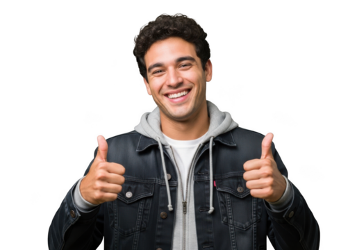 A joyful young man with dark curly hair and a wide smile gives two thumbs up wearing a denim jacket and hoodie isolated on transparent background