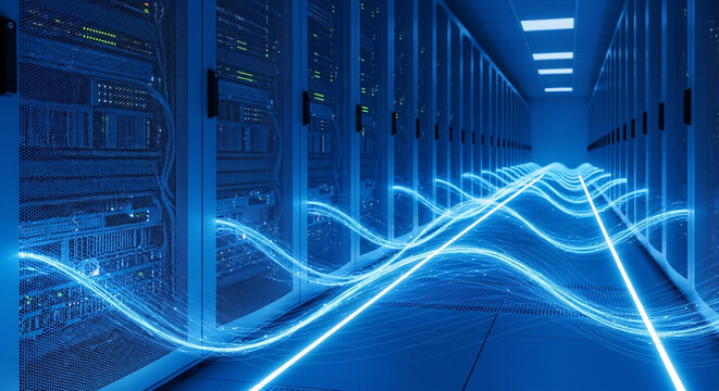 Data center servers with glowing lines in a cool blue toned corridor