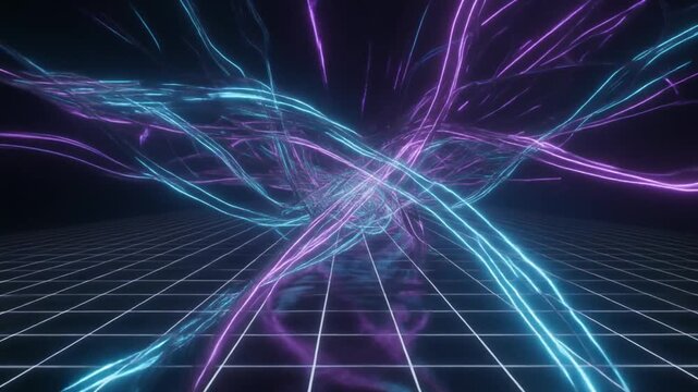 Swirling Neon Light Rings in Blue and Pink Over a Wireframe Grid in a Dark Space abstract