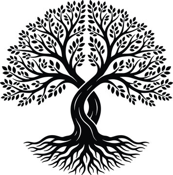 Tree of life, intertwined roots, symmetrical design, nature art, spiritual growth, unity symbol, botanical illustration, blue silhouette, elegant concept, harmony