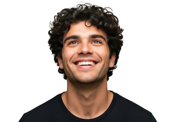 Fototapeta premium A young man with curly dark hair and a bright genuine smile looking upwards with joy and optimism isolated on transparent background