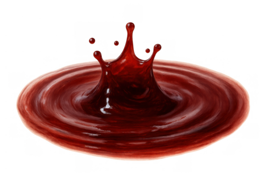 Red liquid splashing with a crown shape and concentric ripples, creating dynamic motion and transparent background