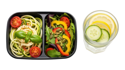 Healthy vegetarian lunchbox with colorful mixed salad, vegetable pasta, fresh cherry tomatoes, and slices of cucumber and lemon water for balanced
