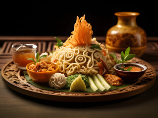 Exquisite asian noodle dish with garnishes and sauces on a decorative plate