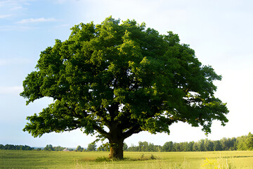 Obraz premium Majestic Green Oak Tree Stands Alone in Sunny Field