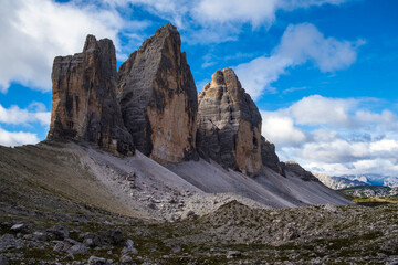 Nature landscape around the Tre Cime di Lavaredo (Three Peaks), Tre Cime Natural Park, Southern Dolomites, Italy. Rifugio Auronzo &ndash; Rifugio Lavaredo &ndash; Rifugio Locatelli &ndash; return via Pian di Cengia.