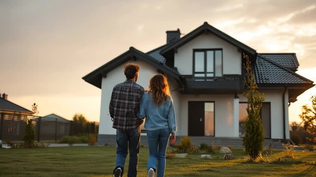 Young couple admires their new house as the sun sets in the background, marking a new chapter in their lives and future