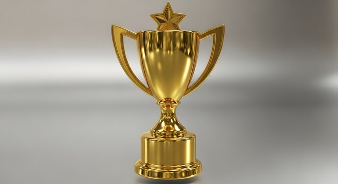 A 3D golden trophy cup with a champion medal is a shiny icon of success, victory, and first-place award achievement isolated on white