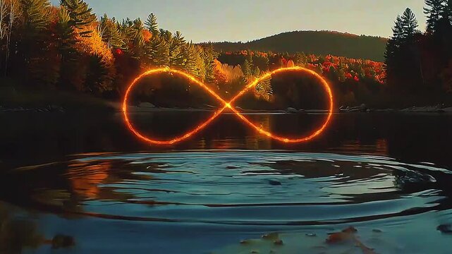 A still golden river reflects autumn trees as a soft ripple expands, shaping a brief glowing infinity symbol in a wide UHD view &mdash; suitable for themes of nature, seasons, and symbolic visuals.