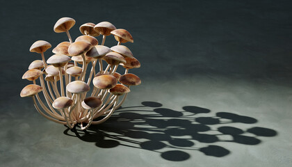 Fototapeta na wymiar Cluster of small brown and white mushrooms with delicate stems casting long shadows on a textured gray surface under dramatic side lighting