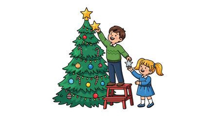 A boy stands on a stool placing a star on top of a Christmas tree while a girl holds another star.