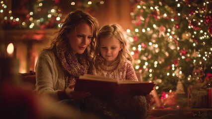 Mother and daughter share a cozy reading moment in front of a beautifully decorated Christmas tree during the holiday season