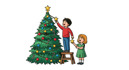 Two children decorating a Christmas tree with ornaments and a star, celebrating the holiday season.