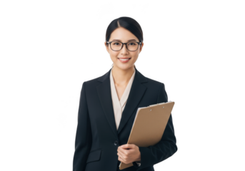 Professional asian woman wearing glasses and a dark suit holding a clipboard isolated on transparent background
