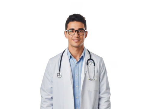 A young male medical professional wearing a white lab coat and stethoscope smiles confidently isolated on transparent background - Powered by Adobe
