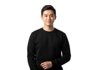 A young asian man with short dark hair and a friendly smile wearing a black long sleeved shirt isolated on transparent background