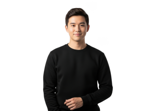 A young asian man with short dark hair and a friendly smile wearing a black long sleeved shirt isolated on transparent background