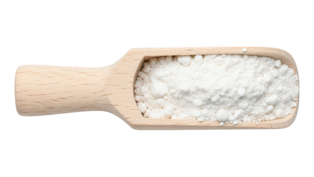 Close-up of a light wooden scoop filled with white powder on a white background, minimalist kitchen utensil with natural wood texture, clean and
