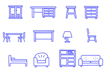 Collection of detailed home furniture blue line icons for design