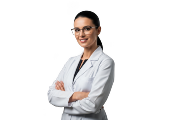 A professional female scientist wearing a white lab coat and safety glasses with her arms crossed isolated on transparent background