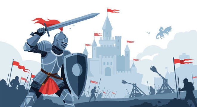 A pixel art depiction of a knight preparing to strike in front of a medieval castle during a battle.