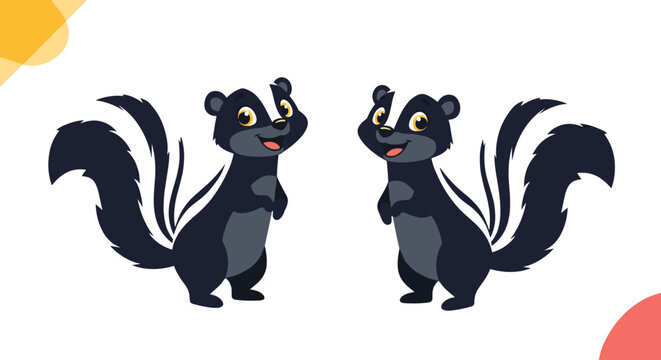 Two cute cartoon skunks waving hello in a playful illustration.
