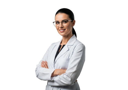 A professional female scientist wearing a white lab coat and safety glasses with her arms crossed isolated on transparent background
