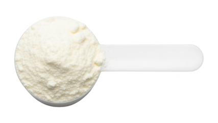 Close-up of a white measuring scoop filled with powdered substance, isolated on a white background for culinary, baking, or scientific use,