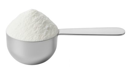 White measuring cup filled with powdered substance, kitchen tool used for cooking and baking, close-up on white background with clear focus