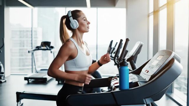 Focused woman on treadmill checks phone while exercising in a modern gym with city views, promoting fitness and wellness motivation