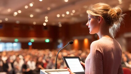 Woman presenting at a conference in a large auditorium filled with an attentive audience during a professional event